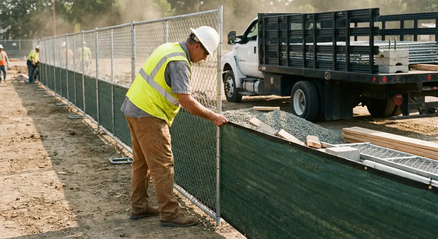 Privacy windscreen installation on construction fence in Lincoln, CA